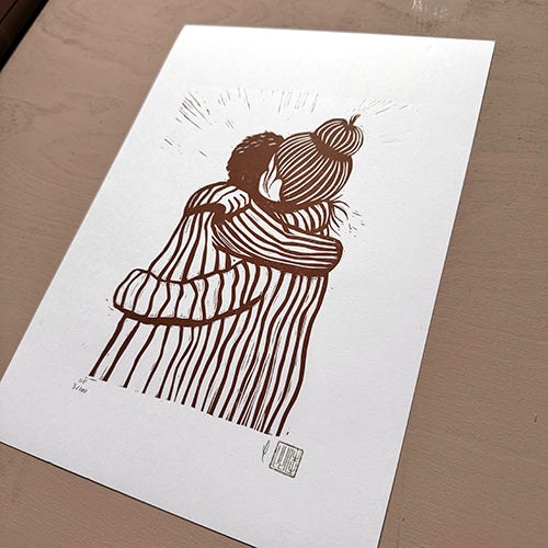 Hug Original Linocut Print