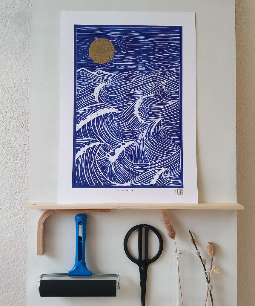 Waves Print with Golden Moon