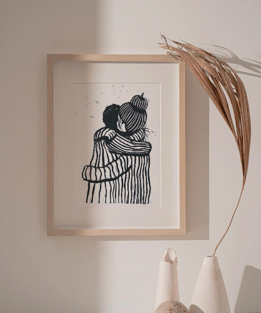 Hug Original Linocut Print