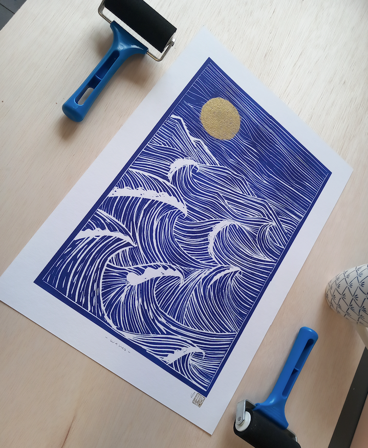 Waves Print with Golden Moon