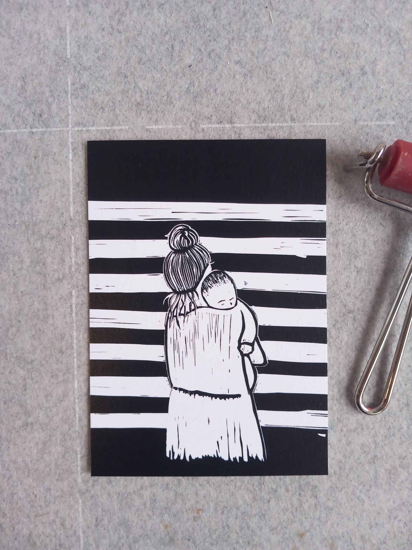 Mama Baby Linocut Art Card