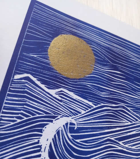 Waves Print with Golden Moon