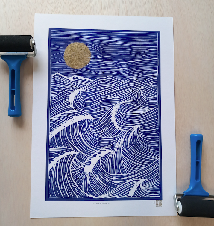 Waves Print with Golden Moon