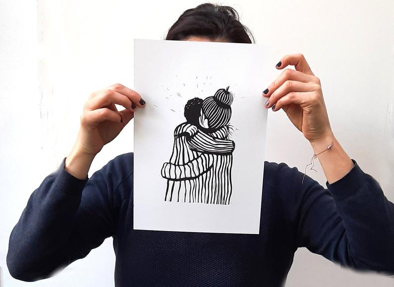 Hug Original Linocut Print