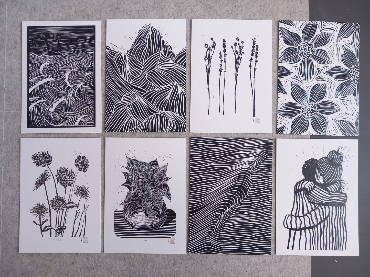 Collection of 8 Linocut Cards